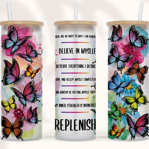 25 20 oz Skinny Tumbler Libbey Glass Can Sublimation Design Butterfly Sunflower Water tracker cadeau voor mama Floral Wrap vlinders png