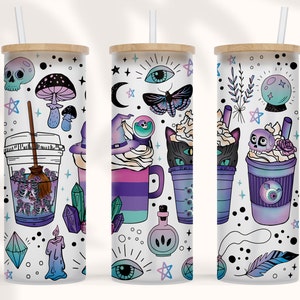 20 25 Unzen Skinny Tumbler Sublimation und Milchglas Becher Hand gezeichnet Herbst Kaffee Hexe Halloween Katze Mond Hexenliebhaber, Magie Hexe Kaffee