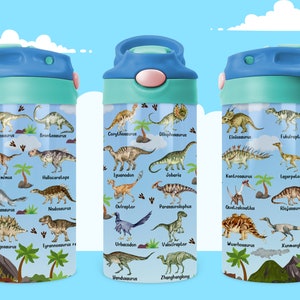 Kids Water Bottle 12 oz kid 20oz Sublimation Png birthday gift for boy Skinny Dinosaurs Name A-Z ,Sublimation Digital Download,flip top wrap