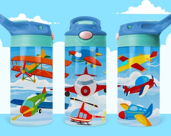 Kids Water Bottle 12 oz kid Airplane Helicoper Sublimation birthday gift for boy girl png, Sublimation Digital Download,flip top sippy cup
