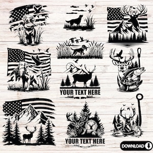 Bundle Fishing and Hunting American Flag | Hunting Life Svg | Outdoor Hunting Svg | Fishing Deer Hunting Silhouette PNG SVG Download