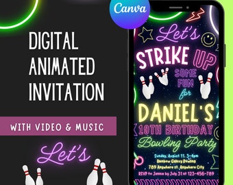 Editable Bowling Birthday Girl Invitation Let's Strike Up Some Fun | Rainbow Neon Glow Bowling Party invitation Animated Editable on Canva