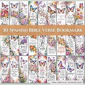 May include: A set of 30 Spanish Bible verse bookmarks. Each bookmark displays floral arrangements, butterflies, and inspirational quotes. The bookmarks are digitally created with a watercolour effect, featuring a range of colours.