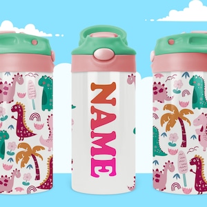 Kids Water Bottle 12 oz kid 20oz Sublimation Png birthday gift for boy Skinny Dinosaurs png, Name Digital Download,flip top sippy cup