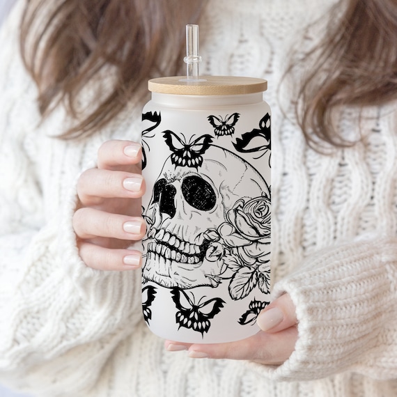 16 oz Libbey Beer Glass Can Skull Butterfly Moth Creepy Spooky Horror Skeleton Face with Flower Libbey Glass Png ,Hallween Skull Butterflies