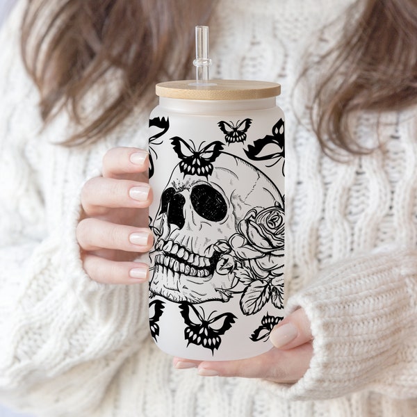 16 oz Libbey Beer Glass Can Skull Butterfly Moth Creepy Spooky Horror Skeleton Face with Flower Libbey Glass Png ,Hallween Skull Butterflies