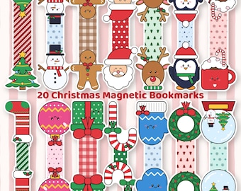 20 Christmas Magnetic Bookmarks Printable | Cute Santa Snowman Reindeer Bookmark, Kids Stocking Stuffer, Teacher Xmas Gift PNG PDF