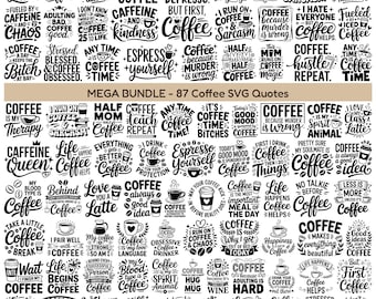 87 Coffee SVG Bundle | Funny Coffee Quotes Svg, Coffee Sayings Png Dxf Eps, Coffee Bar Sign, Mug Tumbler Shirt Cut File for Cricut