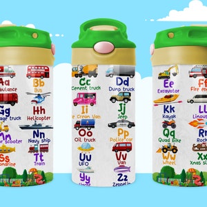 Kids Water Bottle 12 oz kids Alphabet Transportation Sublimation Png birthday gift for boy Skinny,ABC Learning Car Truck Digger , flip top
