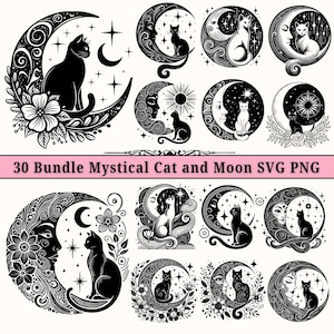 30 バンドル 神秘的な猫 SVG | 月の満ち欠けのクリップアート | 魔女の猫好きの天空の黒猫 SVG ファイル Cricut の即時ダウンロード SVG PNG