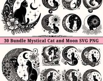 Könnte beinhalten: Ein Set mit 30 Schwarzweiß-Vektorillustrationen mit mystischen Katzen und Monden. Die Illustrationen sind perfekt zum Erstellen von digitalen Designs, Bastelarbeiten und vielem mehr.