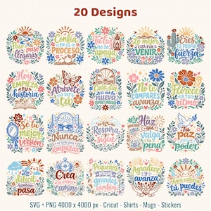 May include: A collection of 20 colorful graphic designs featuring floral motifs, suns, and inspirational Spanish phrases. Each circular or rectangular illustration incorporates decorative elements like butterflies, mountains, and plants with varied typography.