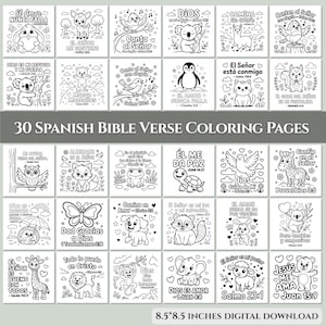 Puede incluir: Una colección de 30 páginas para colorear con versículos bíblicos en español en blanco y negro. Cada página presenta un animal u objeto ilustrado diferente con un versículo bíblico correspondiente. Las páginas miden 21,6 x 21,6 cm.