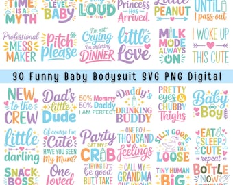 30 Funny Baby Bodysuit SVG PNG Bundle (Digital Download)