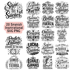 May include: A collection of 20 black and white digital graphic designs featuring Spanish inspirational quotes, decorative typography, and icons like suns, moons, hearts, and flowers, labelled with the text 20 Spanish Inspirational SVG PNG.