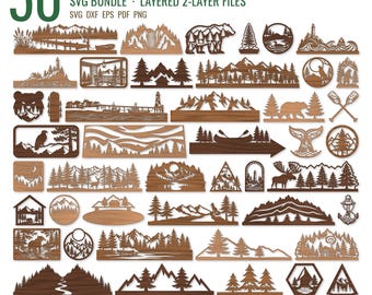 50 Laser Cut Wall Decor SVG Bundle | Layered Mountain Forest, Pine Tree, Bear, Cabin, Lake House Glowforge File, Rustic Wood Art dxf