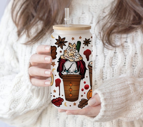 2 Files 16 oz Libbey Beer Glass Can Hand drawn Fall Coffee Horror Movies latte iced Coffee warm cozy autumn Scary movie coffee pen wrap PNG