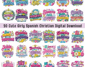 30 Bundle Cute Girly Spanish Disenos Religiosos PNG (Digital Download)