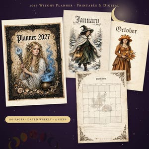 Könnte beinhalten: Ein 2027 Hexen-Planer-Set mit druckbaren und digitalen Seiten. Das Cover zeigt eine Frau mit einem leuchtenden Stab und Kessel. Weitere Seiten zeigen eine Winterszene für Januar, eine Herbstszene für Oktober und ein monatliches Kalenderraster.