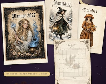 2027 Witchy Planner Printable, Witch Calendar with Dated Weekly Pages, Grimoire Pages, Witchcraft Journal, Witch Core Planner PDF Download