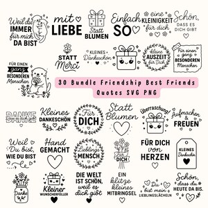 Könnte beinhalten: Eine Schwarz-Weiß-Grafik mit verschiedenen Freundschaftszitaten und Illustrationen. Das Bild enthält Sätze wie „Beste Freunde“, „Danke“ und „Für dich“ sowie Herz- und Blumendesigns. Der Text „30 Bundle Friendship Best Friends Quotes SVG PNG“ ist ebenfalls vorhanden.