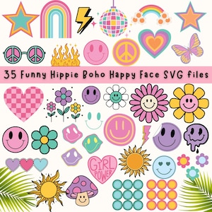 Può includere: Un set di 35 file SVG digitali colorati con facce felici, fiori, cuori, arcobaleni, simboli di pace, stelle e altri design di ispirazione hippie. Il testo "35 Funny Hippie Boho Happy Face SVG files" è nella parte superiore dell'immagine.