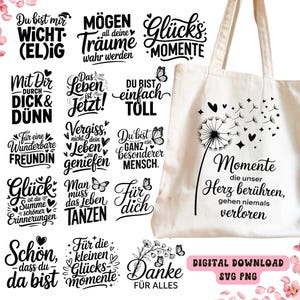 May include: A cream tote bag featuring a black dandelion design and German text. The bag is surrounded by various German phrases in black, including "Danke f&uuml;r alles" and "Du bist einfach toll."