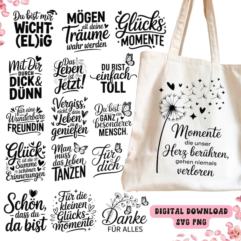 May include: A cream tote bag featuring a black dandelion design and German text. The bag is surrounded by various German phrases in black, including "Danke f&uuml;r alles" and "Du bist einfach toll."