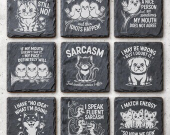 12 Sarcastic Slate Coaster Engraving Files | Funny Animal Quotes Laser PNG, Glowforge xTool Coaster Designs, Square & Round, Commercial Use