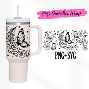 2 Designs 30oz Quencher Stanley Becher Wrap Boho Line Art Blume Schmetterling | 30 oz SVG niedlich Blumen | 30oz SVG Cricut Silhouette Vorlage