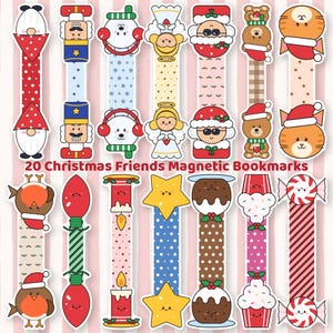 Può includere: Un set di 20 segnalibri magnetici Christmas Friends raffiguranti vari personaggi a tema natalizio, tra cui gnomi, schiaccianoci, orsi polari, angeli, Babbo Natale, orsi, gatti, pettirossi, lampadine, candele, stelle, budini, cupcake e caramelle.