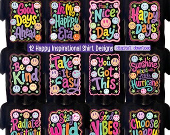 Preppy Smiley Face PNG Bundle 12 Inspirational Shirt Designs Stickers | Positive Quotes Trendy Retro Sublimation PNG (Digital Download)