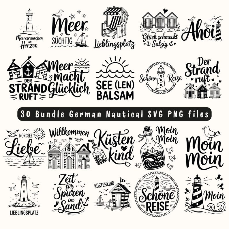 K&ouml;nnte beinhalten: Eine Sammlung von 30 deutschen nautischen SVG- und PNG-Dateien. Die Schwarz-Wei&szlig;-Designs zeigen Leuchtt&uuml;rme, Strandh&uuml;tten, Segelboote und S&auml;tze wie "Meer", "Strand" und "Liebe". Das Bild ist ein Bundle digitaler Kunst.