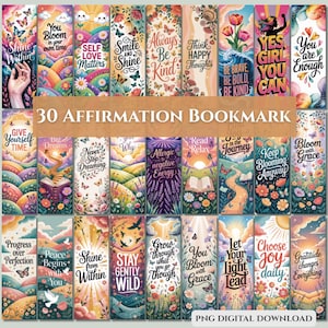 May include: A collection of 30 affirmation bookmarks with colorful floral and butterfly designs. Each bookmark features inspirational quotes like "Shine Within" and "You are Enough." The text "30 Affirmation Bookmark" is displayed prominently.