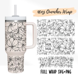 May include: A black and white floral design for a 40oz tumbler wrap. The design includes a hexagon with the text "MA MA" inside. The design is available as an SVG and PNG file.