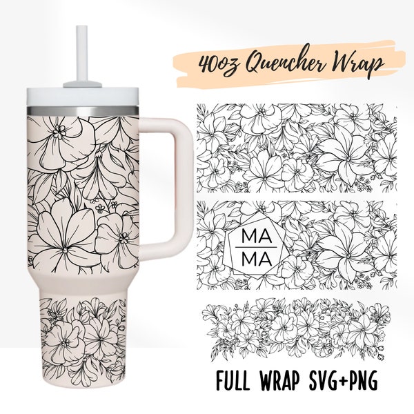 4 Designs 40oz Quencher Stanley tumbler wrap Line Flower and Leaves Floral | Wildflower cut file SVG | 40oz SVG Cricut Silhouette Template