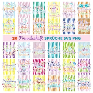 May include: A digital collection of 30 friendship-themed graphic designs featuring German phrases, colorful hand-lettered typography, and decorative icons like hearts, stars, and flowers, all arranged on a background of vertical wavy stripes.