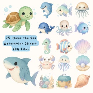 25 Bundle Under the Sea Watercolor Clipart | Ocean Animal Cute Sea Life Digital Download for Stickers Sublimation & Kids Crafts PNG files