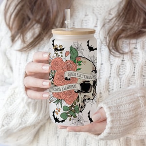 2 pliki 16 oz Libbey Glass Can Kinda Emotional Kinda Emotionless Png, Kinda Emotional Seamless, Floral Skeleton, Halloween png, pen wrap PNG