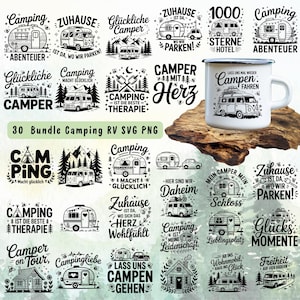 May include: A selection of black and white camping-themed designs, featuring RVs, travel trailers, and phrases such as "Camping" and "Adventure." The image also includes a white enamel mug with a camper van illustration, ideal for outdoor enthusiasts.