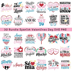 Puede incluir: Colección de diseños SVG y PNG españoles para el Día de San Valentín. Los diseños presentan frases como "Te Amo" y "Eres mi mejor historia" en varias fuentes y formas de corazón. También se incluye el texto "30 Bundle Spanish Valentines Day SVG PNG".