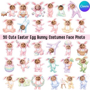 May include: A collage of 30 Easter egg bunny costumes, each featuring a child's face. The costumes are in pastel shades of pink, blue, green, and yellow. The image includes the text "30 Cute Easter Egg Bunny Costumes Face Photo."
