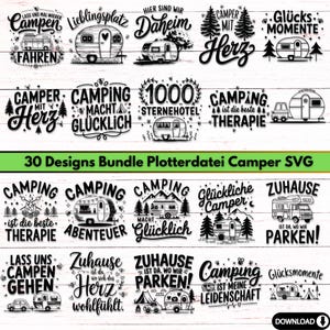 Op de afbeelding: Een set van 30 zwart-witte SVG-ontwerpen met campers en campinggerelateerde tekst. De ontwerpen bevatten zinnen als "Camping is de beste therapie", "Camping maakt je gelukkig" en "Thuis is waar je parkeert".