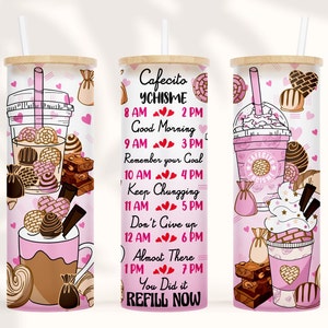 20 25 oz Skinny Tumbler Sublimation frosted glassHand drawn Cafecito y chisme ,concha , Mexican bread Sweet , Coffee latte Sublimation PNG