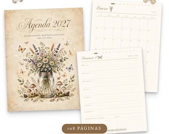 Agenda 2027 Cottagecore en Español, Planificador Imprimible Floral Acuarela, 108 Páginas PDF, Hyperlinked GoodNotes, Carta A4 A5