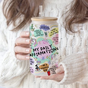 16 oz Libbey Glass Can Tumbler Sublimacja Design Boho Codzienne afirmacje Tumbler Wrap Inspirujące, Miłośnik Siebie, Pozytywne słowa