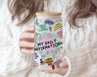 16 oz Libbey Glass Can Tumbler Sublimation Design Boho Daily Affirmations Tumbler Wrap Inspirational , Self Lover, Positive wording