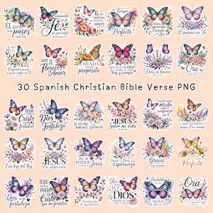 May include: A collection of 30 Spanish Christian Bible verse PNG images. Each image features a butterfly with floral accents and a Bible verse in Spanish. The images are colorful and suitable for various creative projects.