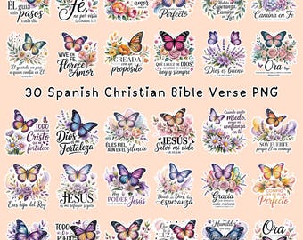 30 Sticker Spanish Butterfly Bible Verse PNG Bundle: Christian Phrases (Digital Download)