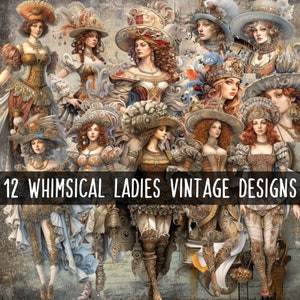 17 files Bundle Whimsical Decor Mixed Media Vintage Ladies Princess DIY Craft PNG | Quirky Clipart Gift for Birthday PNG | Commercial Use